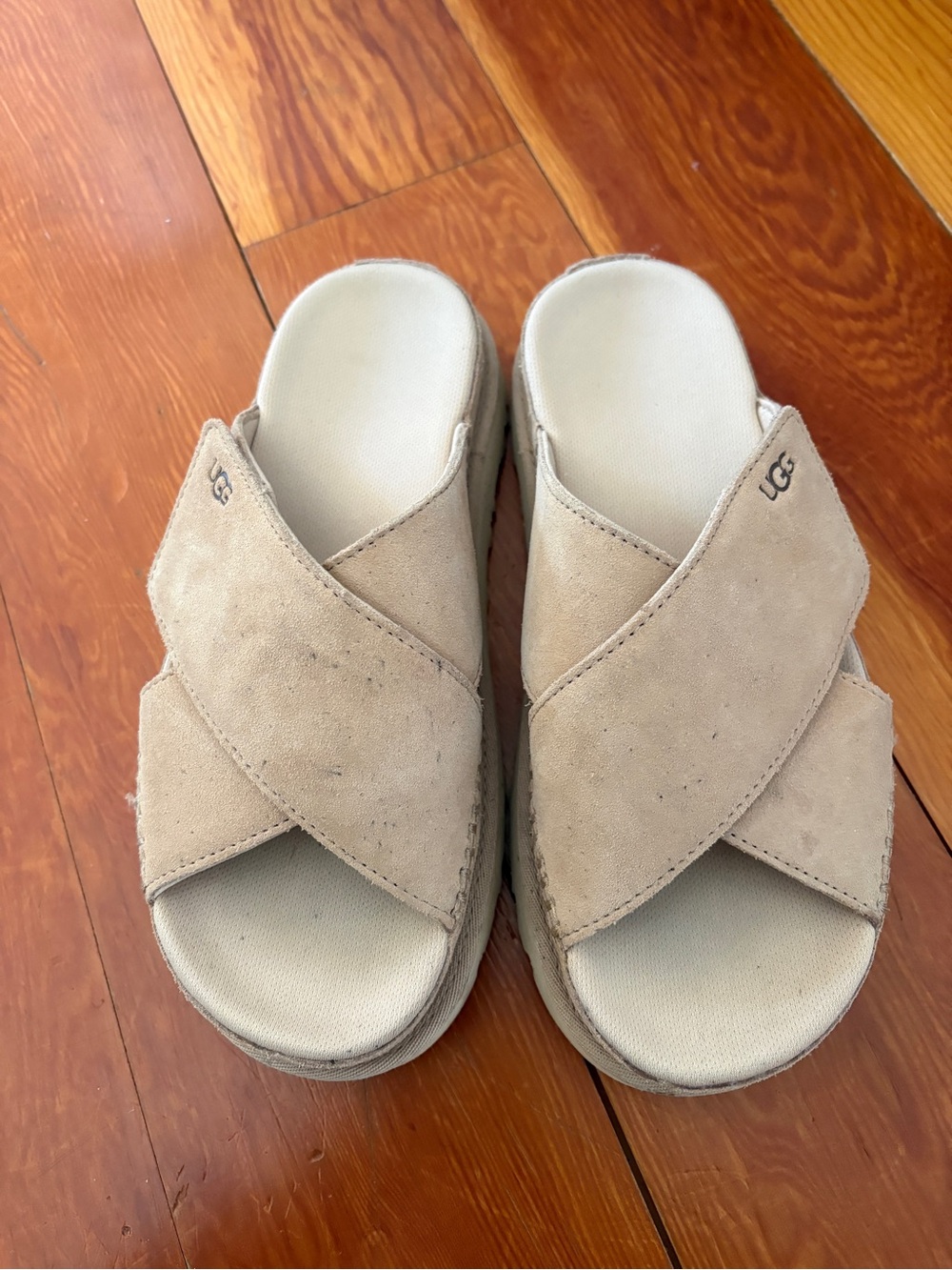 UGG beige suede goldenstar cross slide sandal